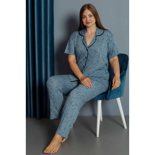 Star Patterned Shirt Collar Plus Size Pajama Set Blue