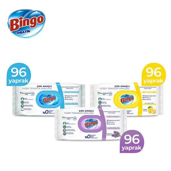 Bingo Practical Surface Cleaning Towel White Soap, Lavender & Lemon 96 Pieces (288 Sheets)