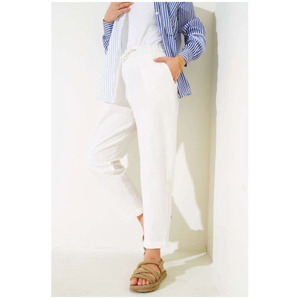 Elastic Waist Linen Trousers Ecru