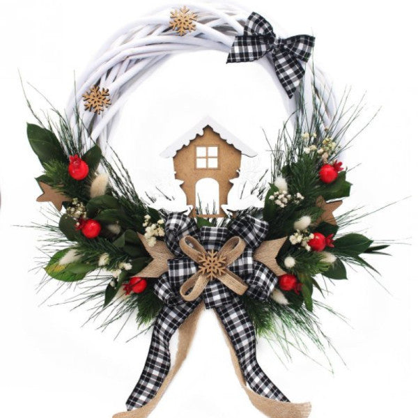 New Year Door Decoration White Wreath 35cm Pomegranate And Black Ribbon