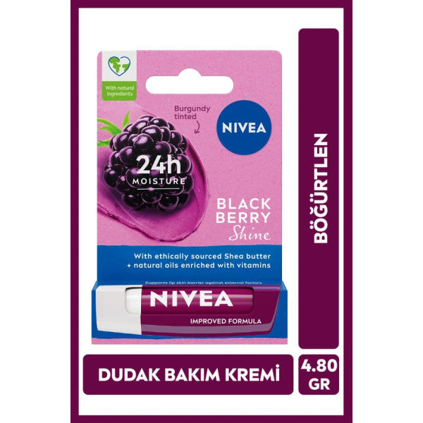 Nivea Blackberry Lip Care Cream 4.8 Gr, 24 Hour Moisture, Light Burgundy Shine, Lip Care With Natural Oils