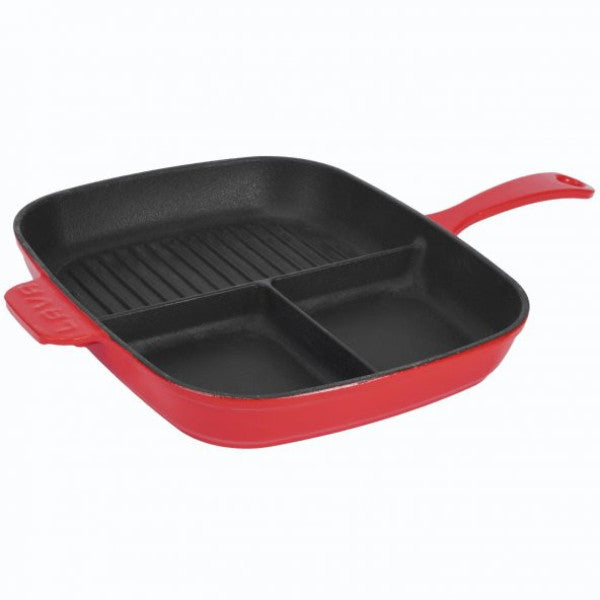 Lava Casting Rectangular 3-Section Grill Pan Cast Iron Solid Handle Dimension: 26X30 Cm.