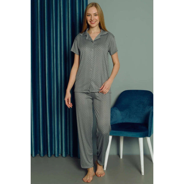 Polka Dot Patterned Short Sleeve Women's Pajama Set Dark Green