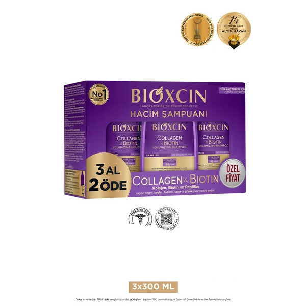 Bioxcin Collagen & Biotin Extra Volume Shampoo 3 X 300 Ml Collagen Biotin Thin And Sparse Hair