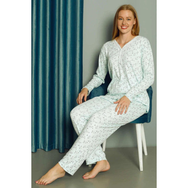 Floral Lace Collar Women's Pajama Set Water Green