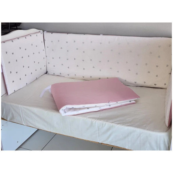 70X140 Crib 4 Side Protection Set Double Sided And Zippered Lined Heart