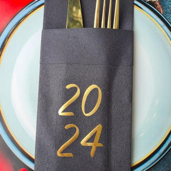 Fabric Textured Black Napkin Gold Foil New Year Table with 2024 Written - New Year Napkin