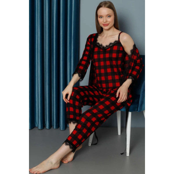 Plaid Pattern 3-Piece Pajama Set With Robe Red