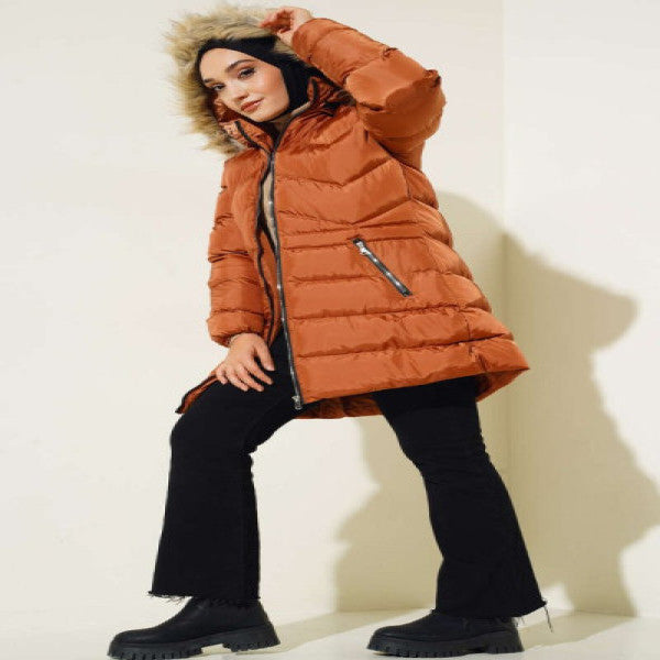 Puffer Jacket with Zipper Pocket, Tan