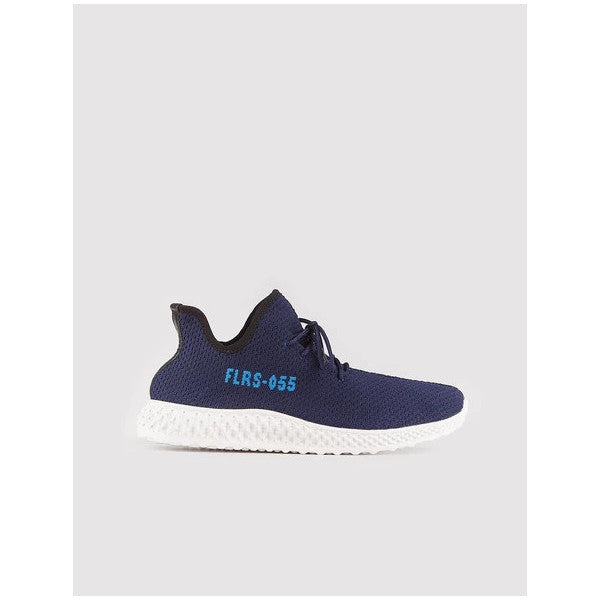 Text Motif Knit Navy Blue Lace-Up Men's Sneakers