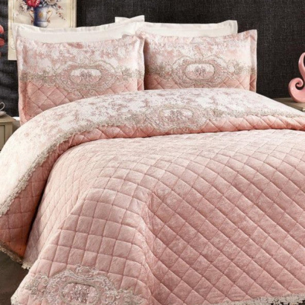 Boutique French Laced Velvet Dowry Bedspread Powder