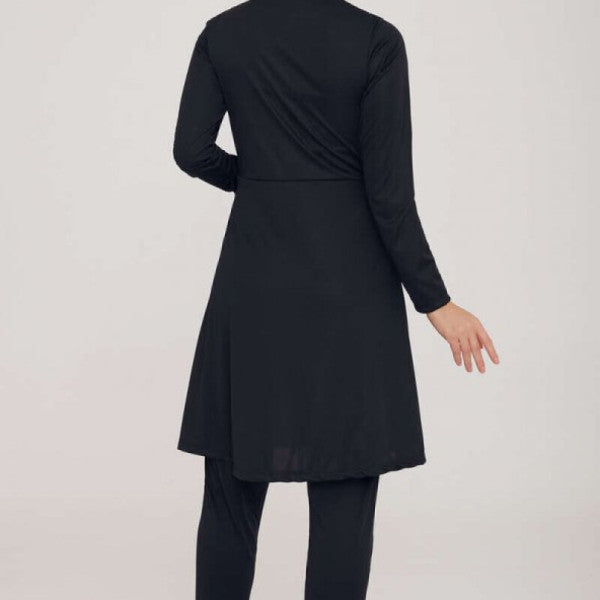 Half Zipper Plain Hijab Swimsuit Black