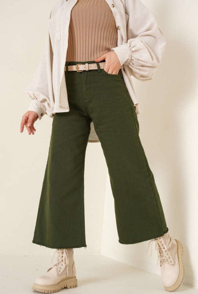 Kısa püskül kot pantolon yeşil