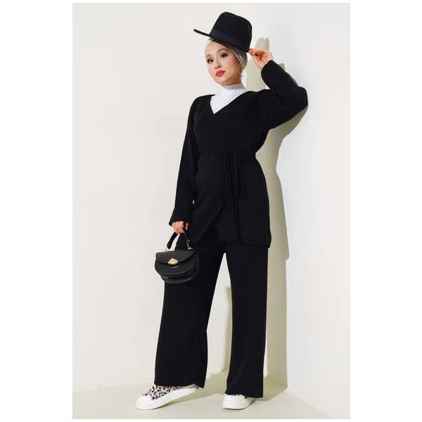 Tied Waist Knitted Kimono Set Black