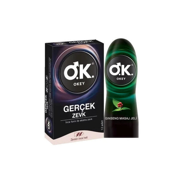 Okey Real Pleasure 12 Condoms + Ginseng Massage Gel Lubricant 200 Ml