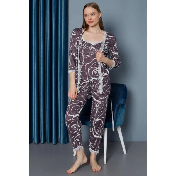 Patterned 3 Pajama Set With Dressing Gown Plum