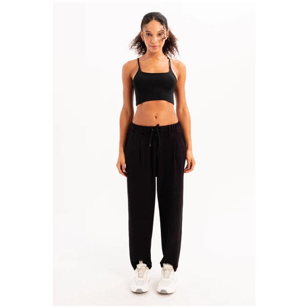 Justever Oversize Fit Elastic Waist Pocket Relaxed Cut Black Women's Sweatpants - Flex