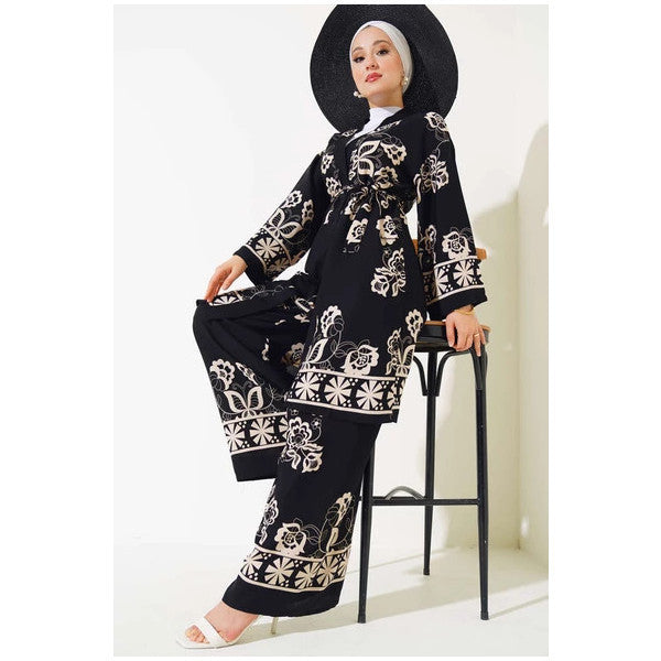 Patterned Three Piece Kimono Set Black