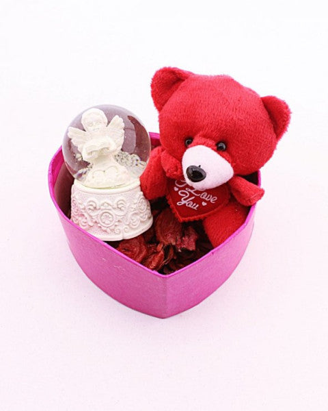 Sevgililer Günü için Mini Kırmızı Oyuncak Ayı ve Angel Snow Globe Hediye Kutusu