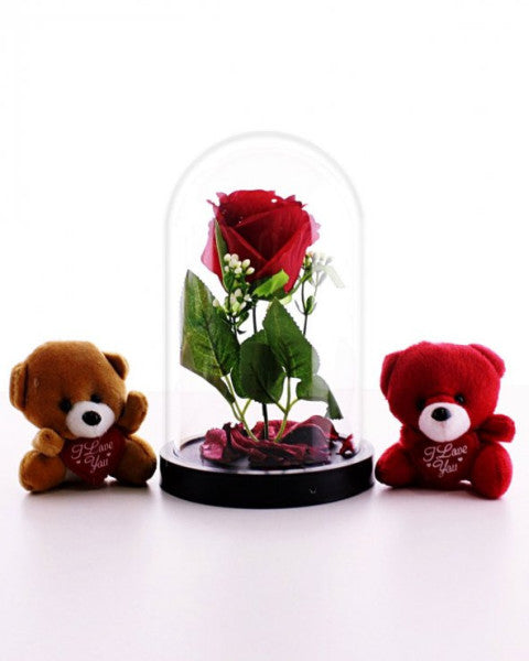 LED Lighted Red Rose in a Bell Jar and 2 Mini Bears Set as a Gift for Lovers 01C