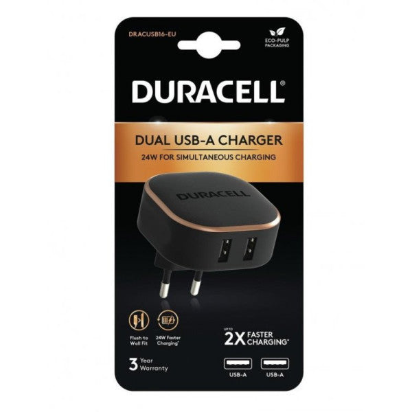 Duracell 24W Phone / Tablet Charging Head 2Xusb 2X5V/2.4A - Black