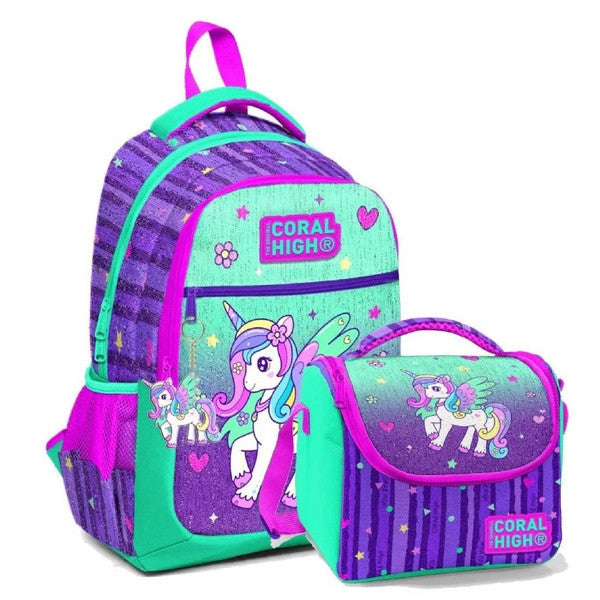 Coral High School Backpack And Lunchbox Set - Girl Green Purple Pegasus