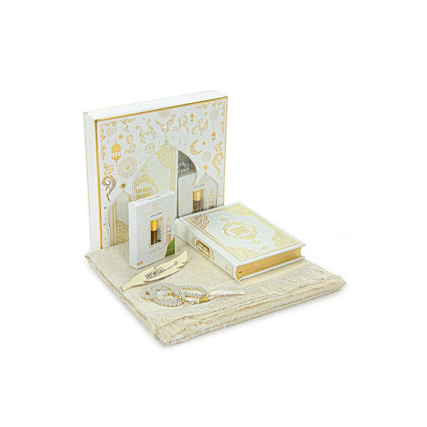 Quran With Medina Calligraphy With English Meaning And Prayer Rug Set White