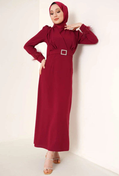 Feathered Sleeve Belted Dress Claret Red