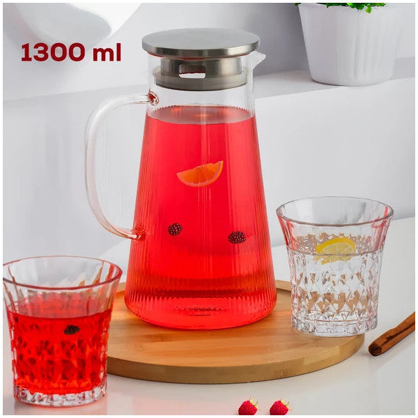 Porsima 15313 Borosilicate Glass Pitcher Metal Lid Glass Carafe - Detox Pitcher 1300 Ml