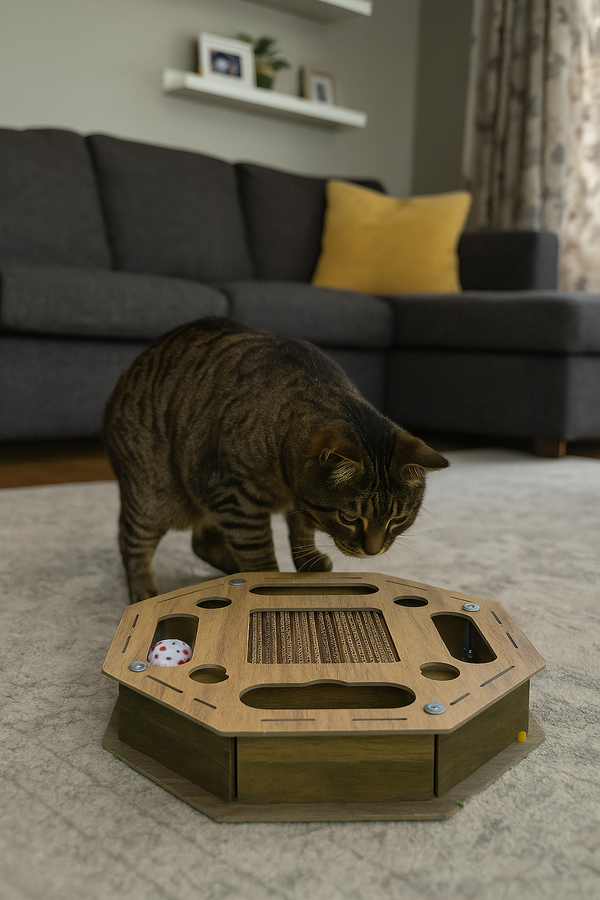 Wooden Octagon Cat Toy with Scratcher – Interactive Puzzle Board for Cats – Durable Pet Activity & Play Furniture