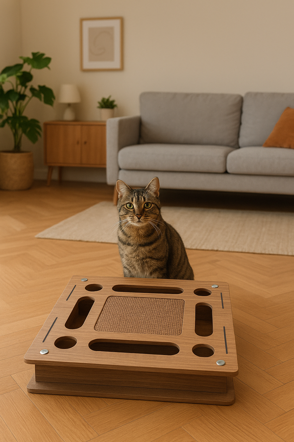 Wooden Square Cat Toy with Scratcher – Interactive Puzzle Board for Cats – Durable Pet Activity & Play Furniture
