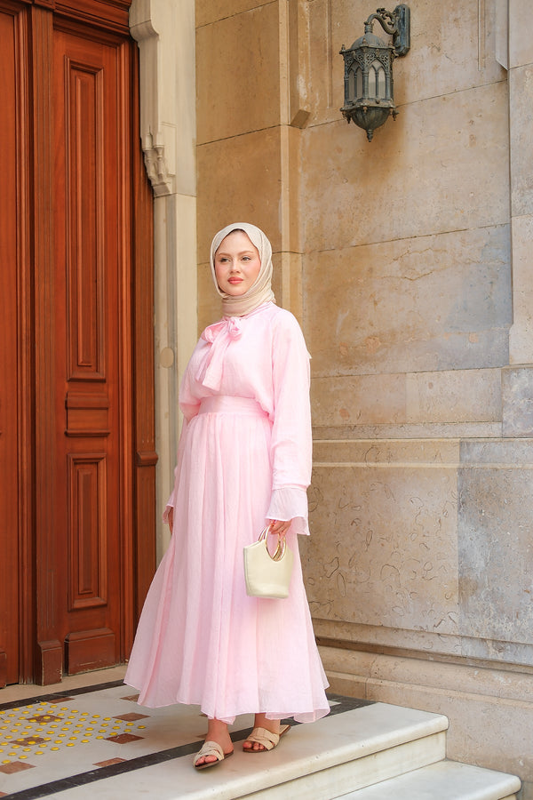 Pink Two-Piece Set With Tulle Accents And Tie Details