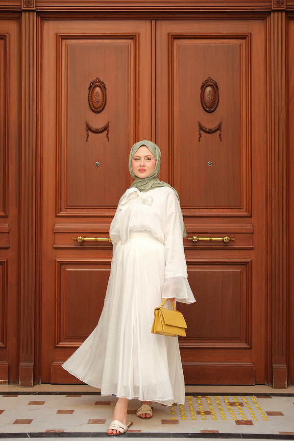 White Two-Piece Set With Tulle Accents And Tie Details