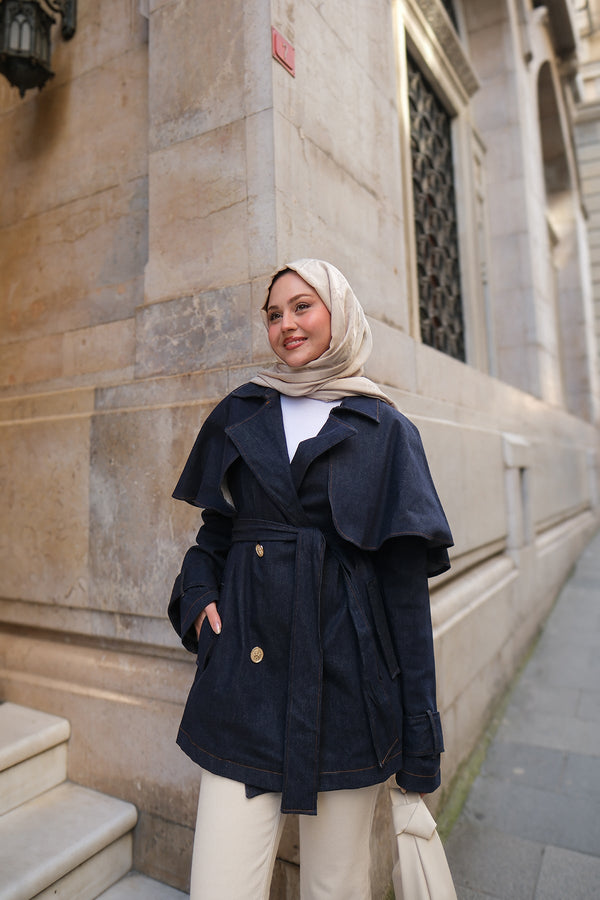 Dark Blue Short Denim Trench Coat With Cape Sleeves