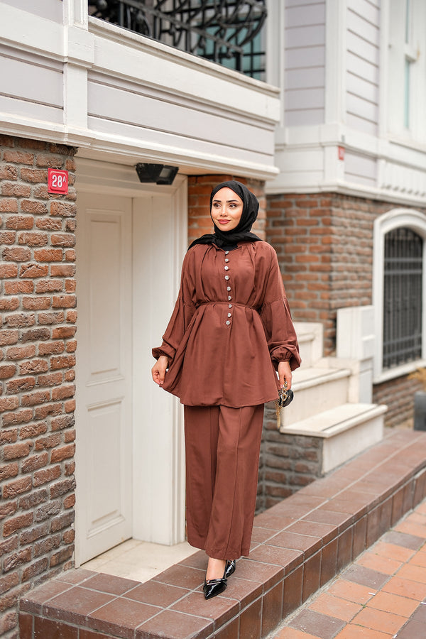 Front Button Detail Two-Piece Suit - Brown