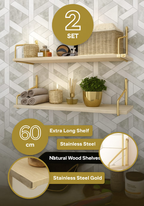 Bino Bathroom Shelf Gold Stainless, Bathroom Organizer, Bathroom Kitchen Organizer, Organizer Set of 2