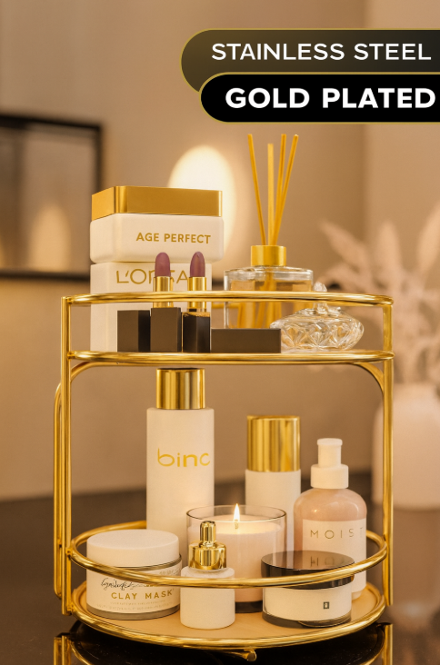 Bino Bathroom Cosmetics Jewelry Organizer Multi-Purpose Organizer 2-Tier Serving Tray Catering Gold