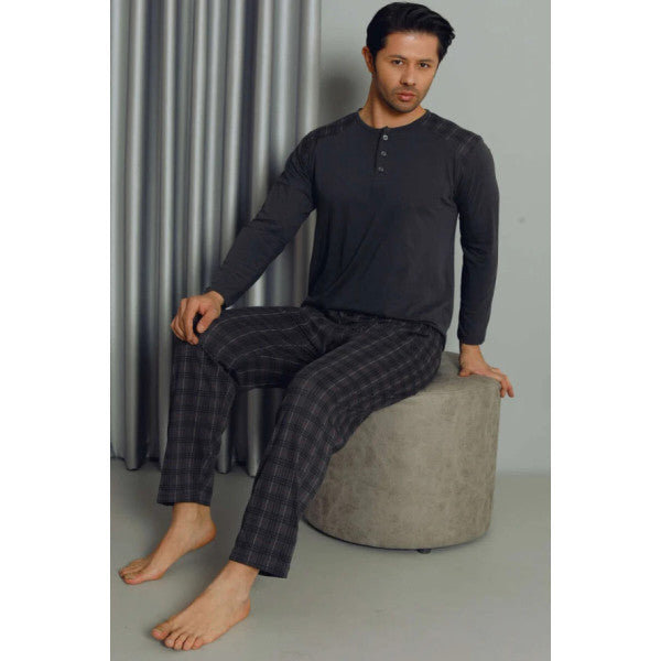 Half Buttoned Plaid Long Sleeve Men's Pajama Set Anthracite