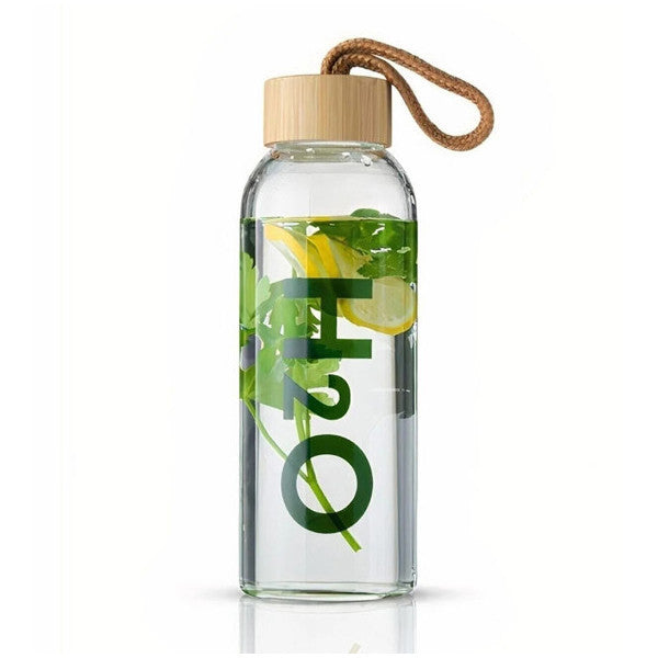 Porsima 75175 Glass Water Bottle - H2O Printed Heat Resistant Water Bottle With Vacuum Lid And Cover - 600 Ml