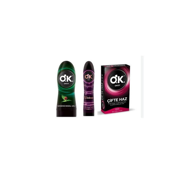 Okey Ginseng Massage Gel 200 Ml + Nirvana Gel 100 Ml + Double Pleasure 10 Condoms