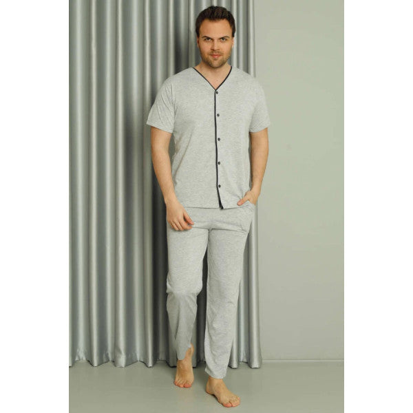 Buttoned Short Sleeve Men's Pajama Set Gray