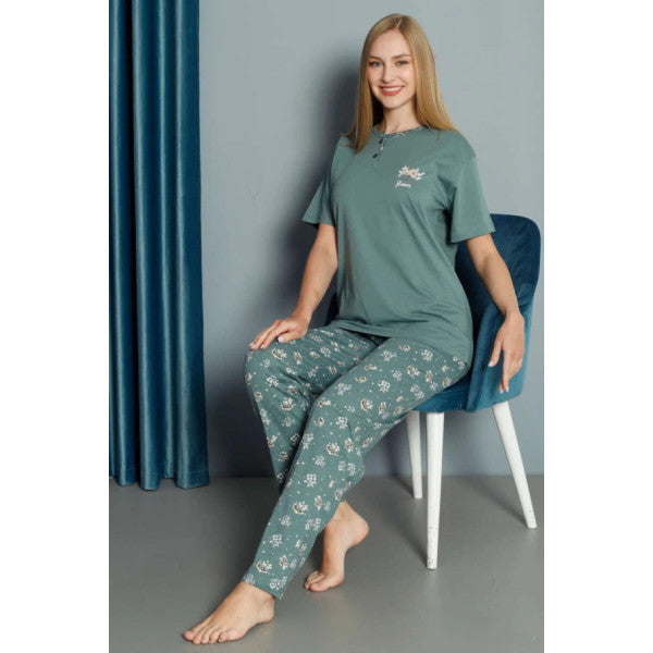 Floral Embroidered Short Sleeve Pajama Set Green