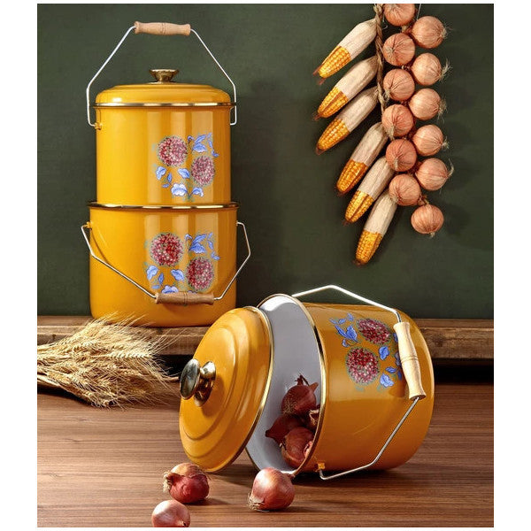 Bonera Enamel 3-Piece Mustard Yellow Copper Jar Set, 20-22-24Cm Yogurt Fermentation Set