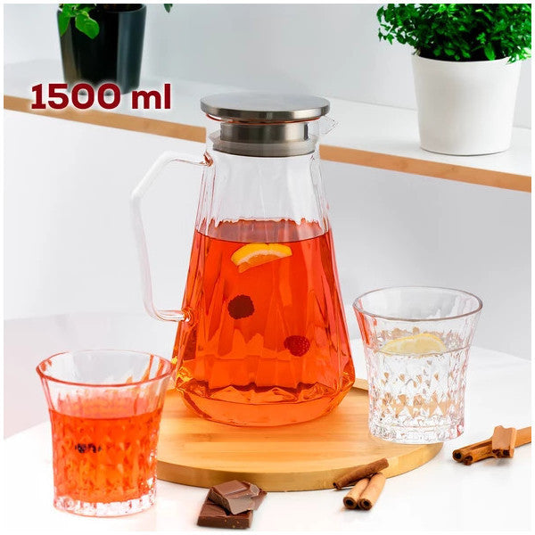 Porsima 15323 Borosilicate Glass Pitcher Metal Lid Glass Carafe - Detox Pitcher 1500 Ml