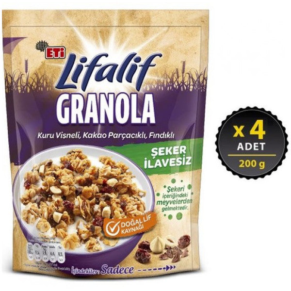 Eti Lifalif Granola With Dried Cherry, Cocoa Particle, Hazelnut 200 Gx 4 Pieces