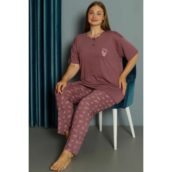 Collar Embroidered Plus Size Pajama Set Magenta