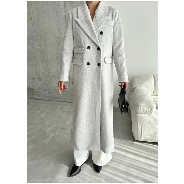 Light Grey Premium Embroidered Double Breasted Wool Long Coat