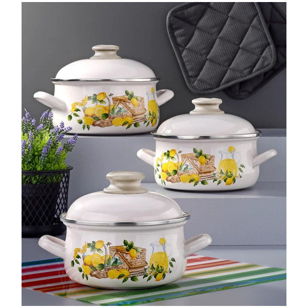 Bonera Enamel 6 Piece Cream Set With Enamel Lid - Lemon Decor