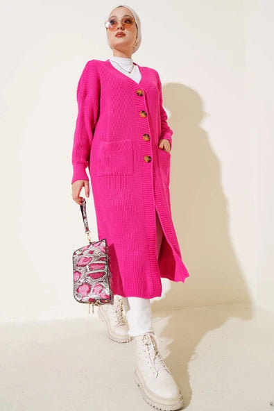 Buttoned Pocket Long Knitted Cardigan, Fuchsia