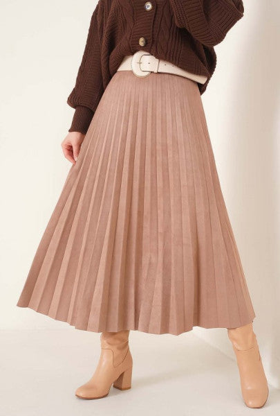 Pleated Suede Skirt Camel